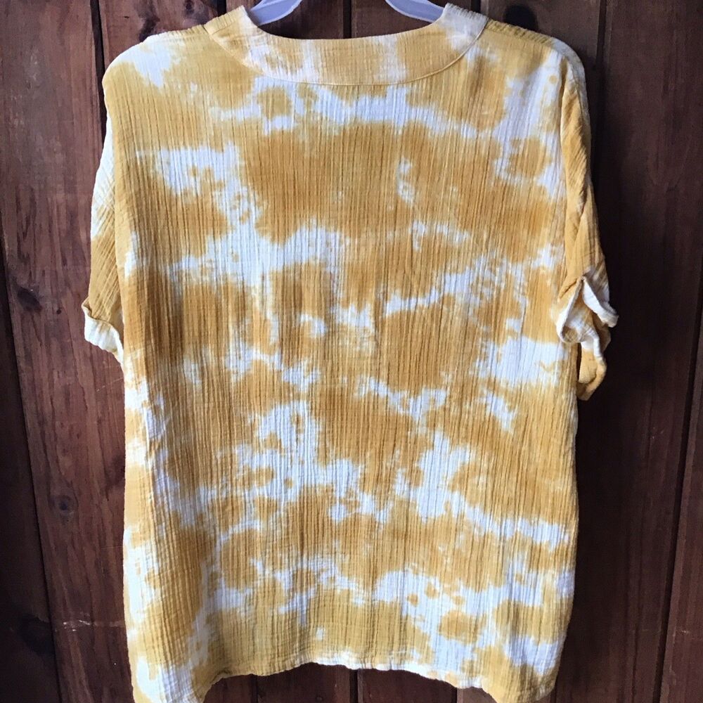 Wonderly Yellow Tie Dye Top XL V Neck Short Sleeve Cotton Gauze NWOT - Picture 5 of 6